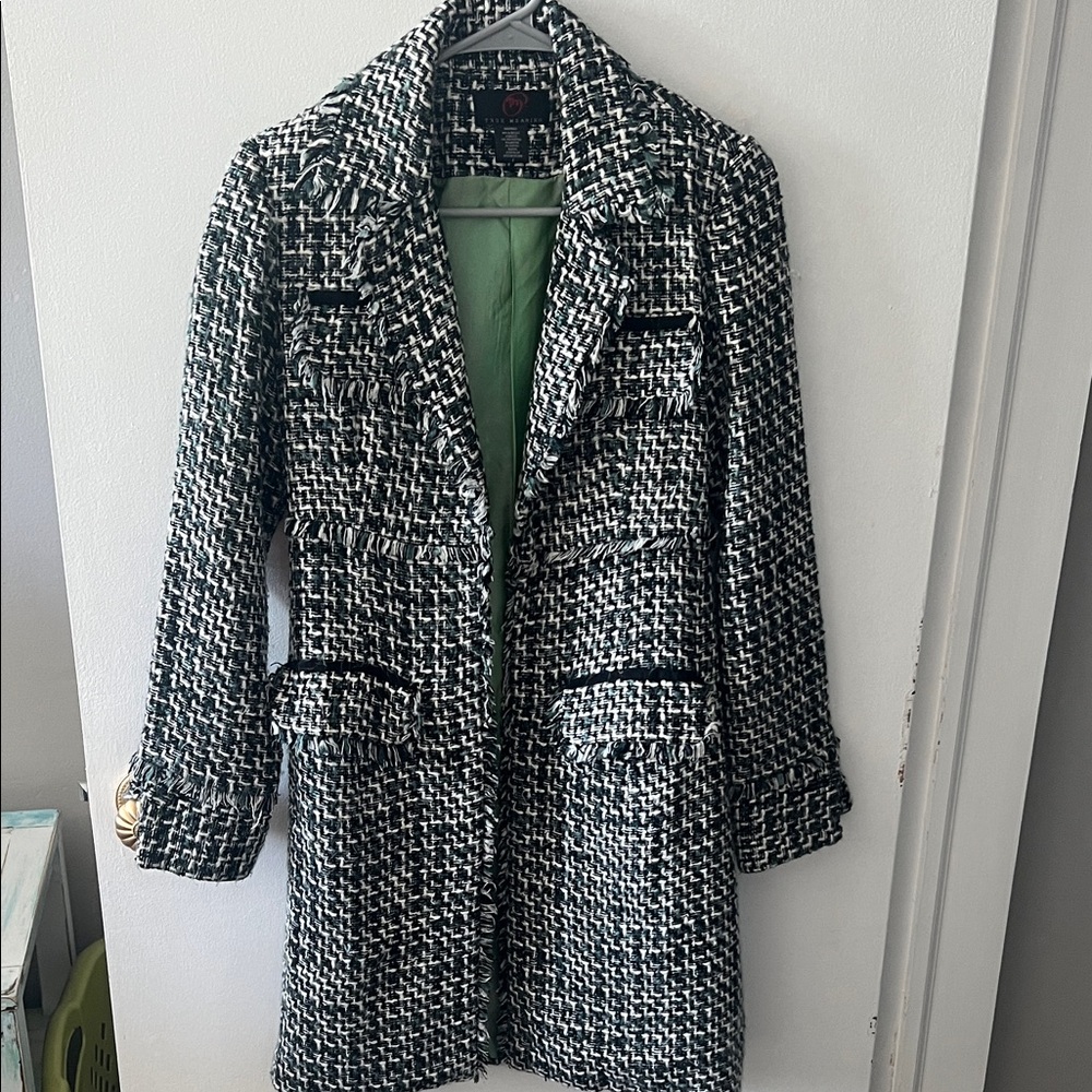 Chic Black, White and Teal Tweed Coat